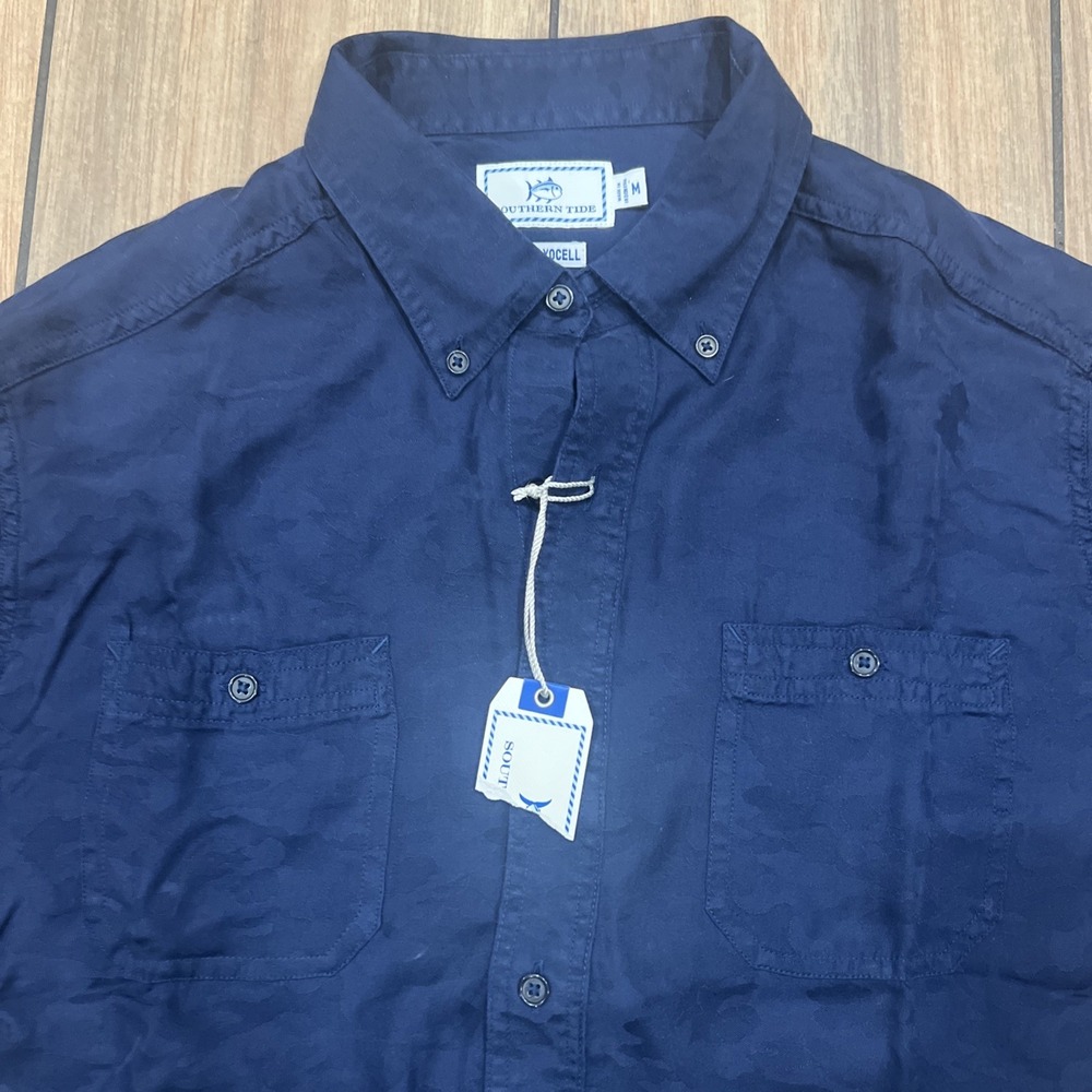 Southern Tide Navy Shirt Mens Medium Lyocel Camouflage - Picture 2 of 8